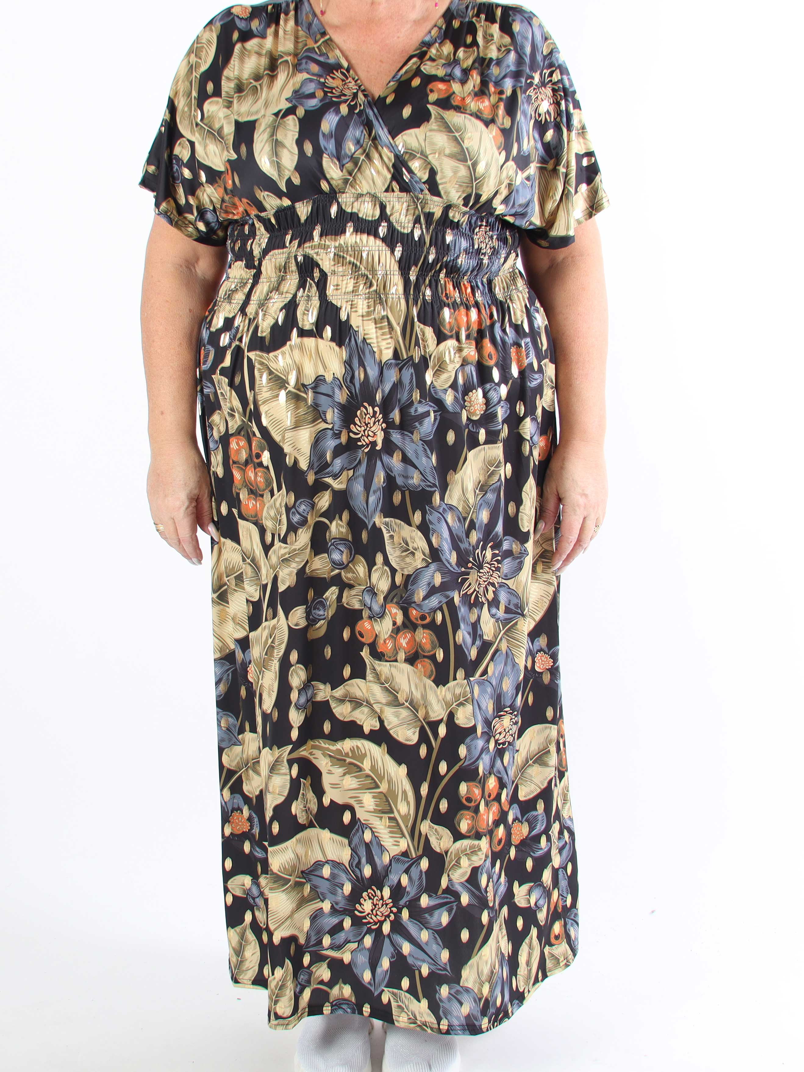 Pams Berry - Lång plus size-klänning med resår och smockad midja